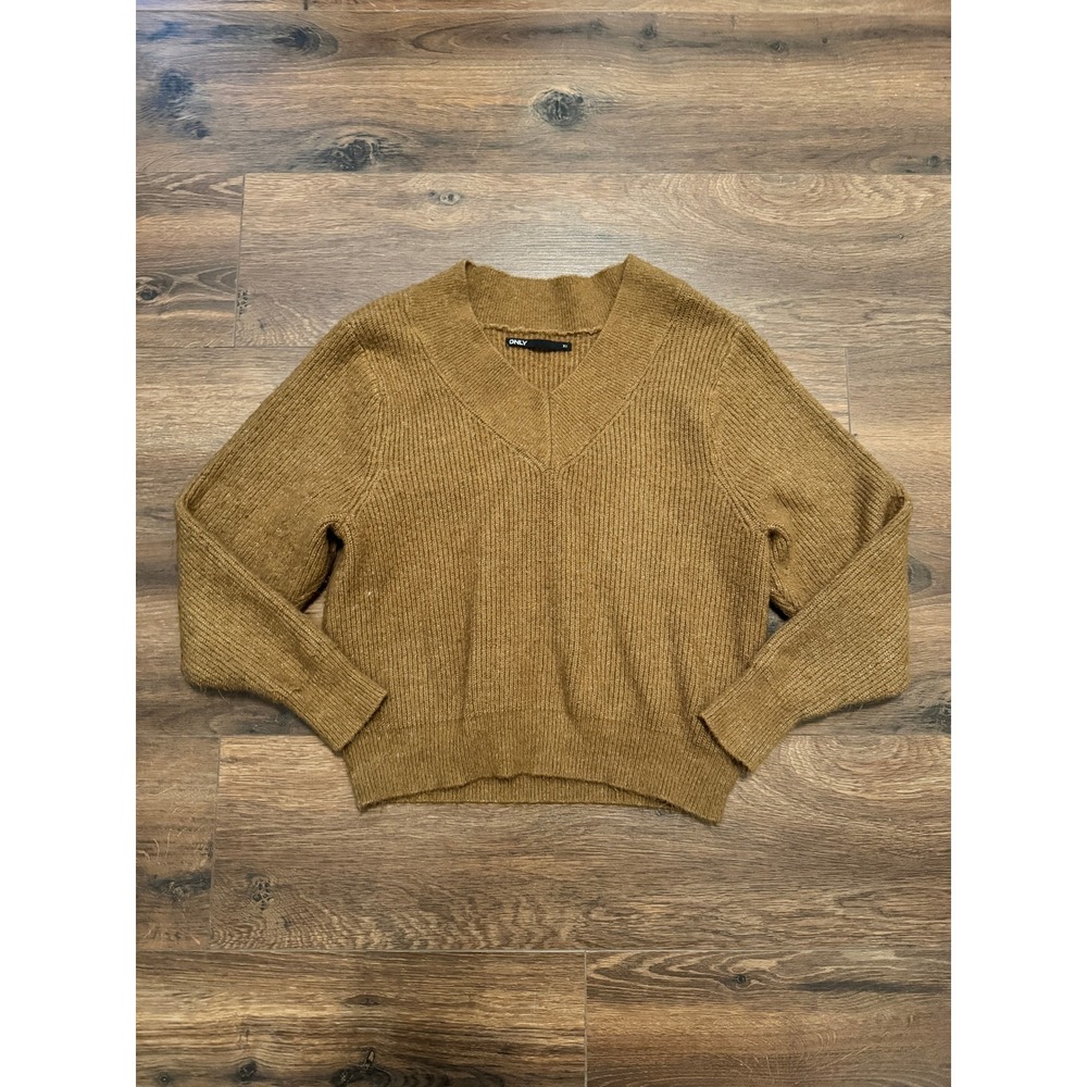 ONLY Women Brown Ribbed V-Neck Knit Sweater Long Sleeve Pullover Size XS
